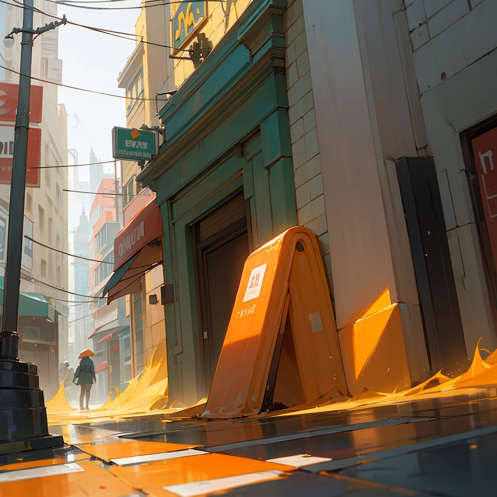 In front of a bakery and a street, on the street a sewer cover coming out of smoke, a beautiful city with a rainy and cold climate with orange trees and the city has an orange aesthetic.