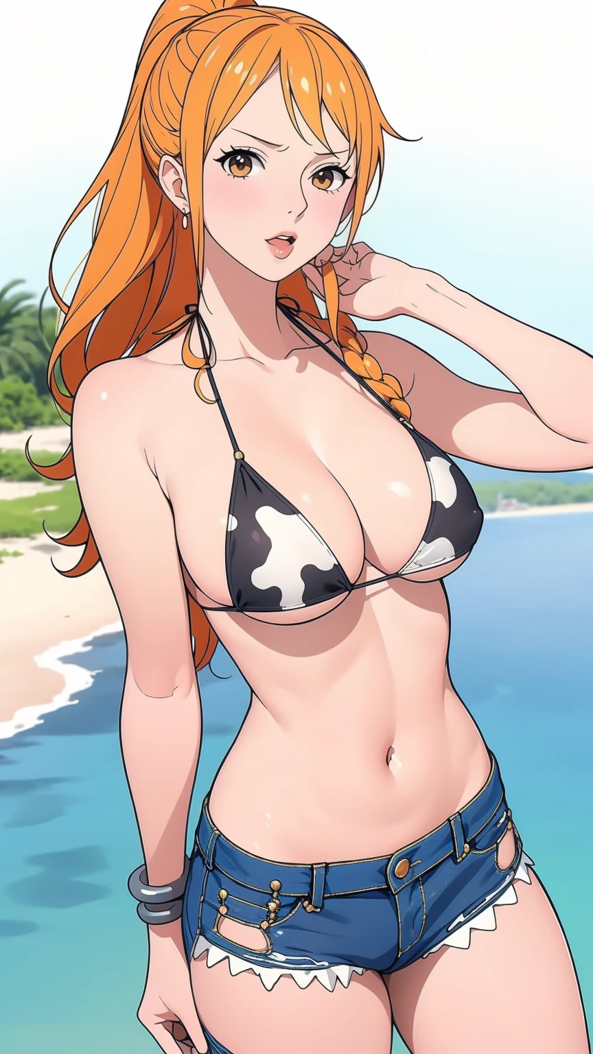 (masterpiece, Highest quality),Browsing Caution,Cartoon photo of a woman in a bikini top and jeans, Anime Drawings, Self-sastructing art, Enchanting anime girl, Nami One Piece:1.7, Biomechanical , Nami from One Piece:1.9, 3dcg, I also make fan art, top rated on pixiv,{{{{{cow print ultra micro bikini top:1.9}}}}},{{{{{puffy nipple:1.9}}}}},{{{{{ultra law rise jeans:1.8}}}}},An expression that endures shame:1.7,