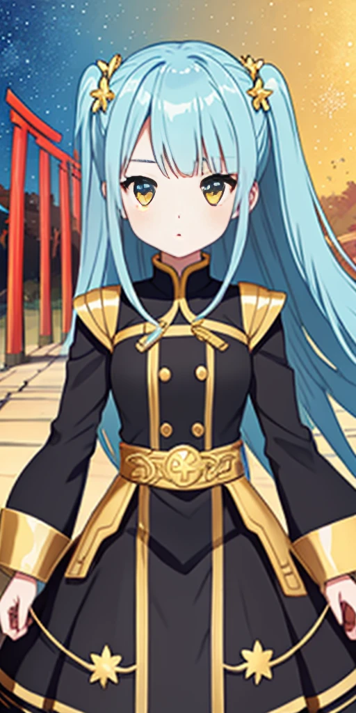 girl、Star Fairy、Star incarnation、Character design front view、A picture facing the viewer、(((Super detailed、Highest quality、Masterpiece)))、Original cute hairstyle、Milky white and blue hair color、Anime Girls, All Black Uniform, Gold Button, Long skirt, Long black hair with bangs, Iris, beautiful, Small breasts, stoic, thin, Calm, The gold lines on the skirt are complicated., Background of the torii gate