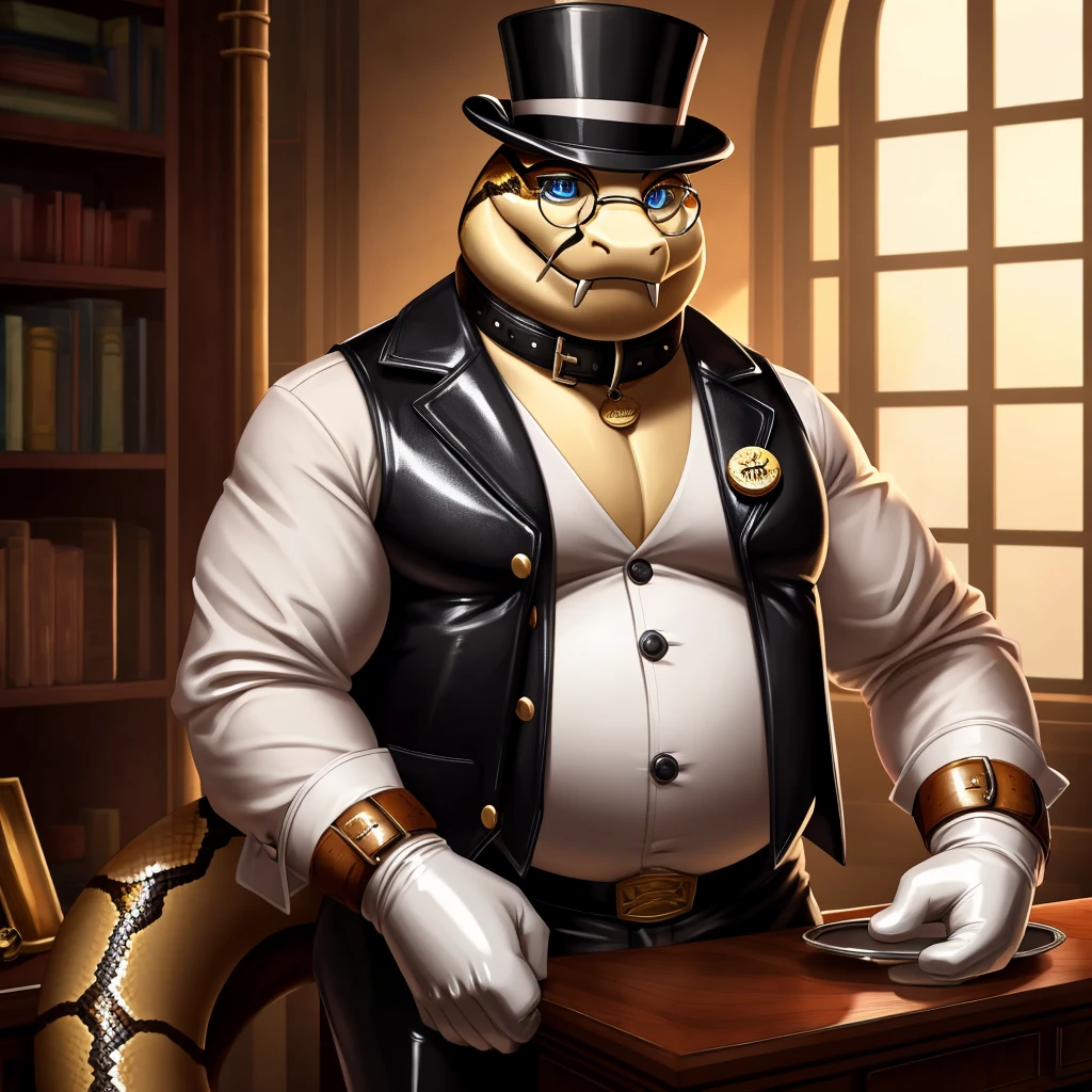 Solo, Male, fat, extremely obese, gentleman, dapper Professor Snake with fangs, blue eyes, (posing:1.3), (soft shading), 4k, hi res, ((detailed face, detailed)), looking at viewer, mouth wide open, steampunk, dapper clothing, collared shirt with buttons, top hat, male focus, Explorer Outfit, glasses, monocle, vest with buttons, sleeves rolled up, round eyewear, brown headwear, brown vest, office, Snake is wearing a glossy leather dog collar around the neck, Snake is wearing the leather collar and shirt and vest at the same time, Snake is wearing glossy white rubber gloves on the hands, wearing white rubber gloves on the feet, gloves are rubber in texture, clenching teeth, clenching fists, leather collar is glossy and shiny with a lot of detail, Snake is wearing gloves and leather collar at the same time, leather collar has a round dog-tag, leather collar is thick and detailed, leather collar is glossy and shiny, fancy clothing, dapper vest, dapper shirt, leather collar is thick, glossy leather collar.