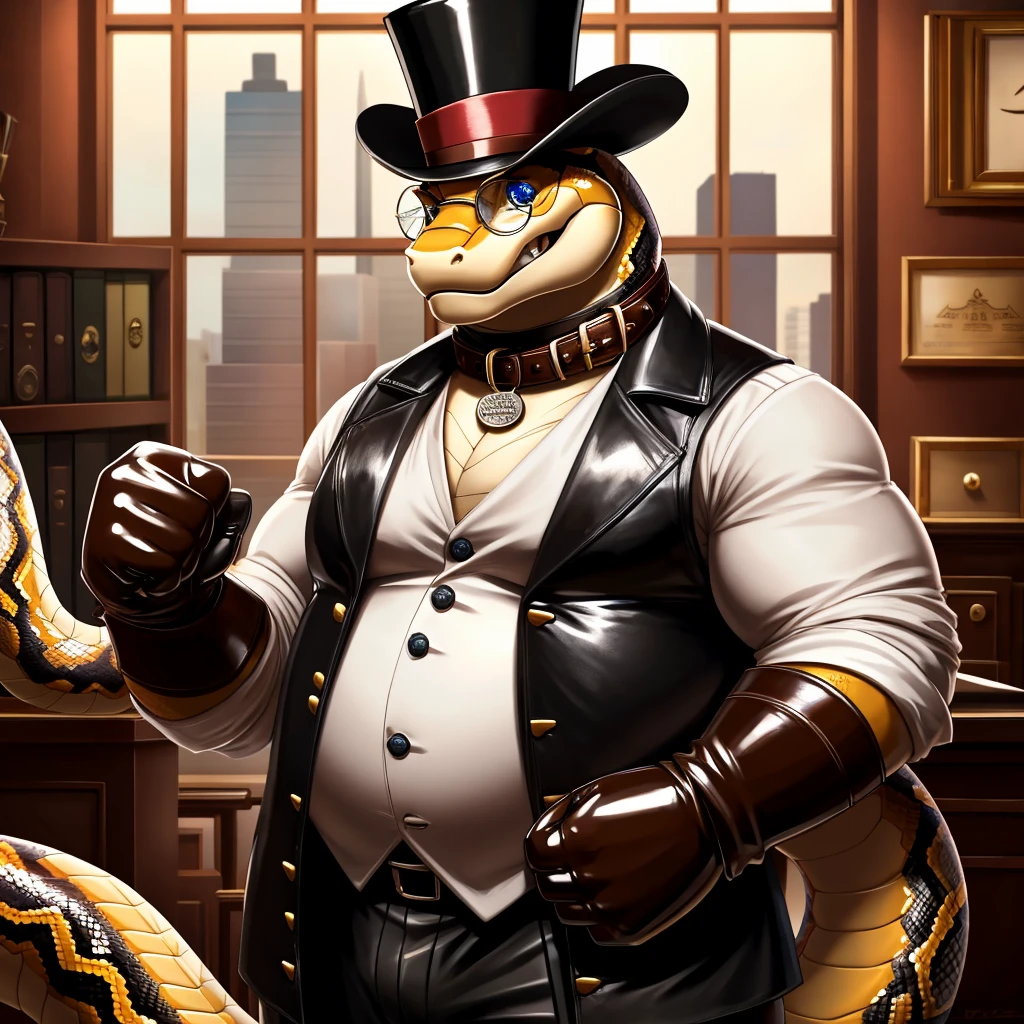 Solo, Male, fat, extremely obese, gentleman, dapper Professor Snake with fangs, blue eyes, (posing:1.3), (soft shading), 4k, hi res, ((detailed face, detailed)), looking at viewer, mouth wide open, steampunk, dapper clothing, collared shirt with buttons, top hat, male focus, Explorer Outfit, glasses, monocle, vest with buttons, sleeves rolled up, round eyewear, brown headwear, brown vest, office, Snake is wearing a glossy leather dog collar around the neck, Snake is wearing the leather collar and shirt and vest at the same time, Snake is wearing glossy white rubber gloves on the hands, wearing white rubber gloves on the feet, gloves are rubber in texture, clenching teeth, clenching fists, leather collar is glossy and shiny with a lot of detail, Snake is wearing gloves and leather collar at the same time, leather collar has a round dog-tag, leather collar is thick and detailed, leather collar is glossy and shiny, fancy clothing, dapper vest, dapper shirt, leather collar is thick, glossy leather collar.