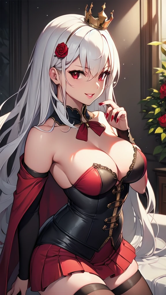 masterpiece, best quality, solo girl, white hair, red eyes, long hair, medium breasts, sexy body and face, wavy hair, smile, parted lips, red lips, ribbon, crown of thorns, thorns, (red cape, dress flower), detached sleeves, hair flower, hair ornament, long sleeves, black corset, long skirt, red dress, rose, strapless dress, long skirt, thighhighs, thighlet, red nails, dress flower, black thighhighs, mksks style, beautiful background, orchestra, indoors, sexy pose, cowboy shots, sharp focus, ultra-detailed body, face, and eyes, vibrant, creative, dynamic, high definition, high resolution, 8k, (Upscale: R-ESRGAN 4x+ Anime6mage enchance:4x), voluptuous body, cinema lighting, looking at the viewer, (realistic:1.4), (beautiful detailed face, beautiful detailed eyes, volumetric lighting), 