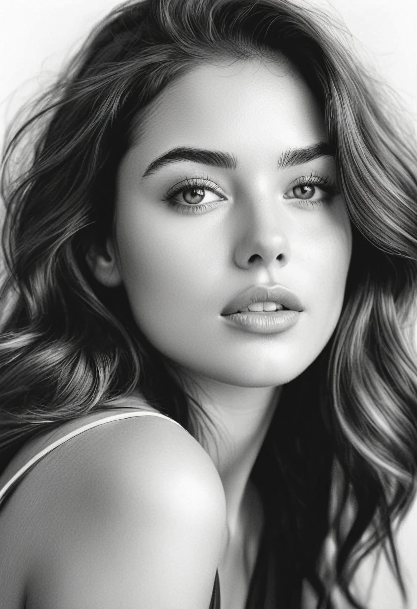 A stunning, black and white photo shoot of a beautiful woman with delicate, pencil-drawn features and a smooth touch, dreaming expression. highy detailed, with complex shading and a variety of tones, from deep blacks to bright whites. Captured with a regular and a classic lens, timeless composition that emphasizes the woman&#39;s natural beauty and the artist&#39;s skill, expressive lines.
