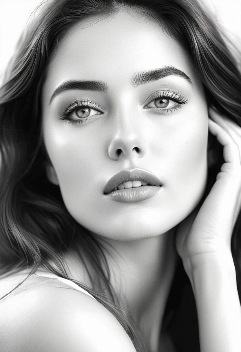 A stunning, black and white photo shoot of a beautiful woman with delicate, pencil-drawn features and a smooth touch, dreaming expression. highy detailed, with complex shading and a variety of tones, from deep blacks to bright whites. Captured with a regular and a classic lens, timeless composition that emphasizes the woman's natural beauty and the artist's skill, expressive lines.