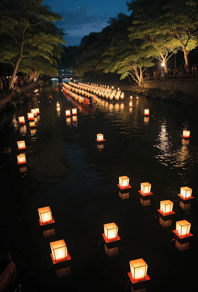 By the river, people participate in the Toro Nagashi ceremony, floating lanterns to send off the spirits of their ancestors. Countless lanterns float on the calm water, casting a warm glow. People watch quietly.