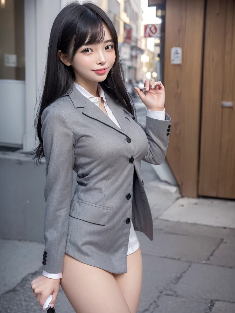 Highest quality、masterpiece、8k、Very detailed、Realistic、(One girl)、(Looking at me with a smile:1.5)、whole body、(Black Hair)、Small face、(Slender:1.2)、(Big Breasts:1.2)、(White business shirt with buttons and a collar:1.2)、(short tight skirt in gray,:1.2)、(Grey business jacket:1.2)、(Open your mouth wide and stick out your tongue:1.4)、(Make a ring with your hand around your mouth:1.4)、(Hold a rod-shaped object in your mouth:1.2)