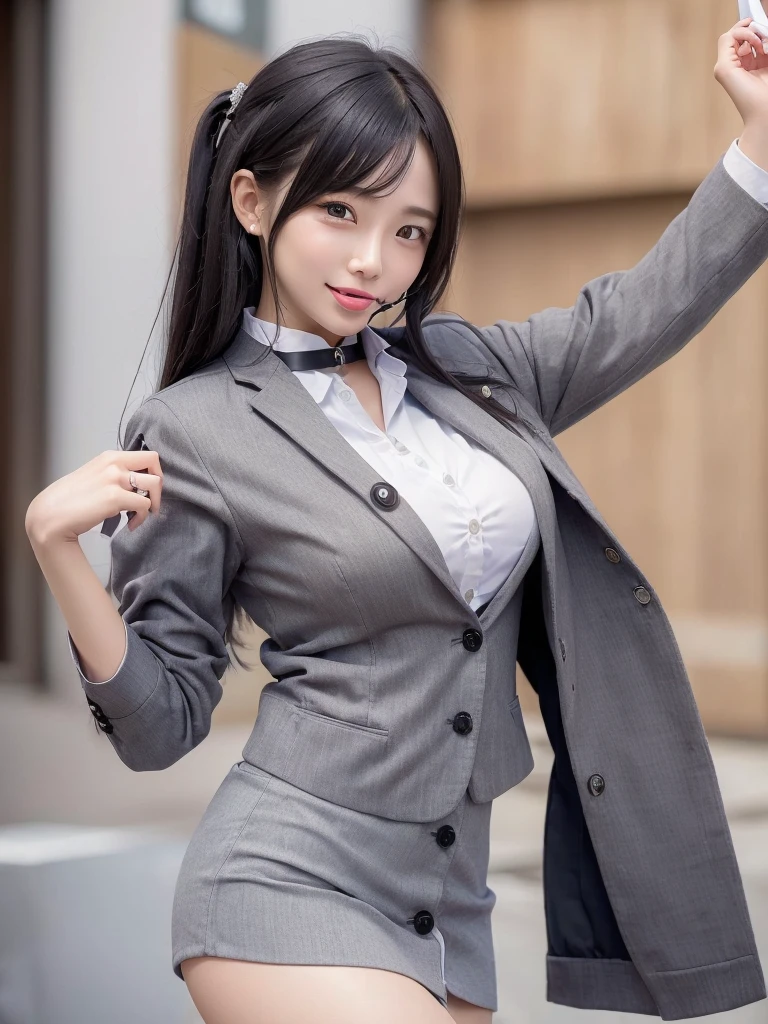Highest quality、masterpiece、8k、Very detailed、Realistic、(One girl)、(Looking at me with a smile:1.5)、whole body、(Black Hair)、Small face、(Slender:1.2)、(Big Breasts:1.2)、(White business shirt with buttons and a collar:1.2)、(short tight skirt in gray,:1.2)、(Grey business jacket:1.2)、(Open your mouth wide and stick out your tongue:1.4)、(Make a ring with your hand around your mouth:1.4)、(Hold a rod-shaped object in your mouth:1.2)