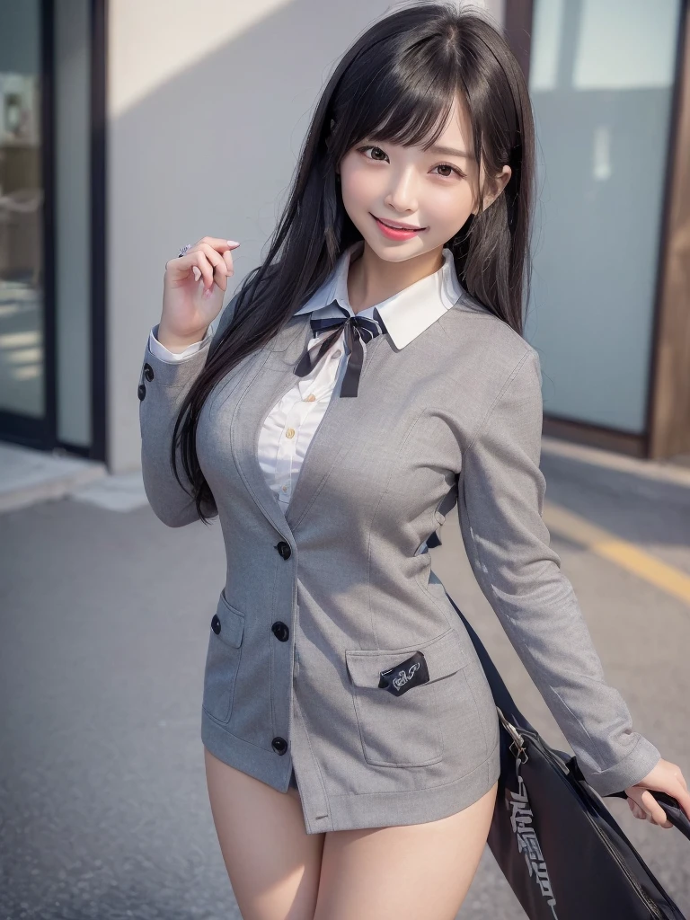 Highest quality、masterpiece、8k、Very detailed、Realistic、(One girl)、(Looking at me with a smile:1.5)、whole body、(Black Hair)、Small face、(Slender:1.2)、(Big Breasts:1.2)、(White business shirt with buttons and a collar:1.2)、(short tight skirt in gray,:1.2)、(Grey business jacket:1.2)、(Open your mouth wide and stick out your tongue:1.4)、(Make a ring with your hand around your mouth:1.4)、(Hold a rod-shaped object in your mouth:1.2)