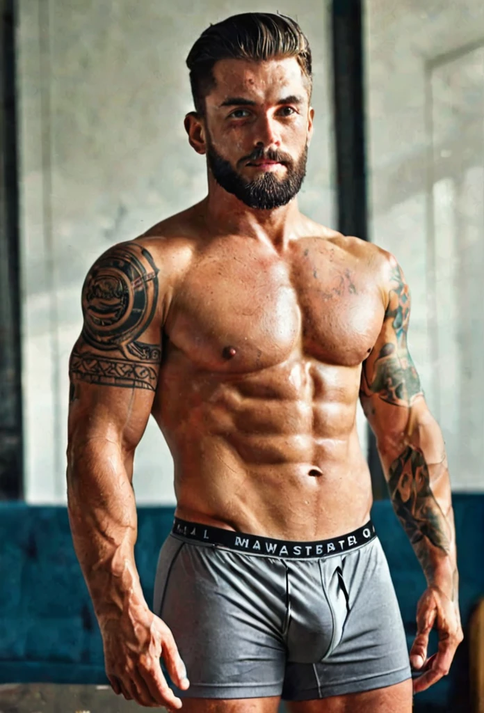 A handsome young muscular tattooed bearded 18 years old scandinavian arrogant jock, modern haircut, handsome face, well trimmed short beard, wearing very tight boxers barely containig his big erected bulge, shirtless, showing of their chest, tattooed arms, big defined biceps, muscular chest, thick muscular thighs, he is Standing in the room very confidently. Ultra quality, ultra detailed, 32k resolution, masterpiece, flawless, lifelike, photorealistic, random face expression, rich color, beautiful face, ultra detailed face, dim lighting, deep colors