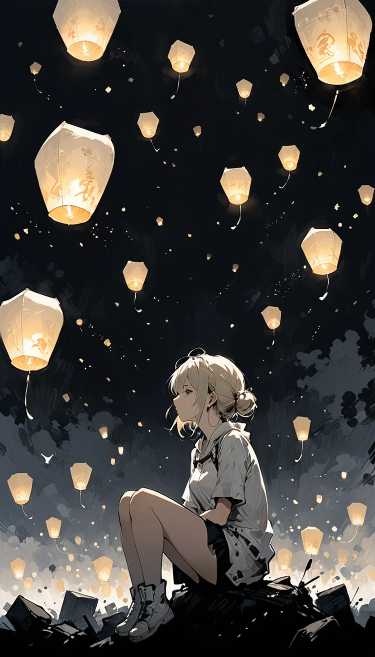 (Ashley Wood (Ashley Wood) style of:1.1), 
1 Girl,Spread your knees apart，Bring your feet together,?,large areas of white space,minimalist background,sit,At the bottom of the screen,(look up:1.5),from the side,comics,，Wishing paper lanterns in the sky