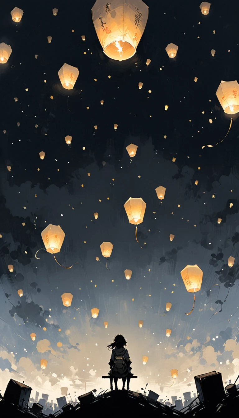 (Ashley Wood (Ashley Wood) style of:1.1), 
1 Girl,Spread your knees apart，Bring your feet together,?,large areas of white space,minimalist background,sit,At the bottom of the screen,(look up:1.5),from the side,comics,，Wishing paper lanterns in the sky