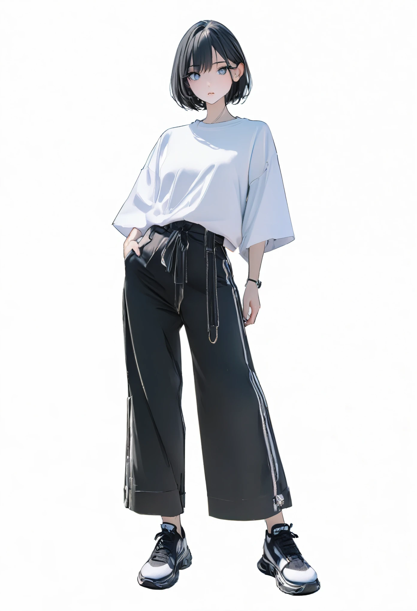 (Best, highest quality: 1.2, 8K), center, full body, 20s, 1 adult female, cool black, white and blue shirt, black wide pants, simple sneakers, simple background, white background, eyes wide, delicate eyes, beautiful eye,