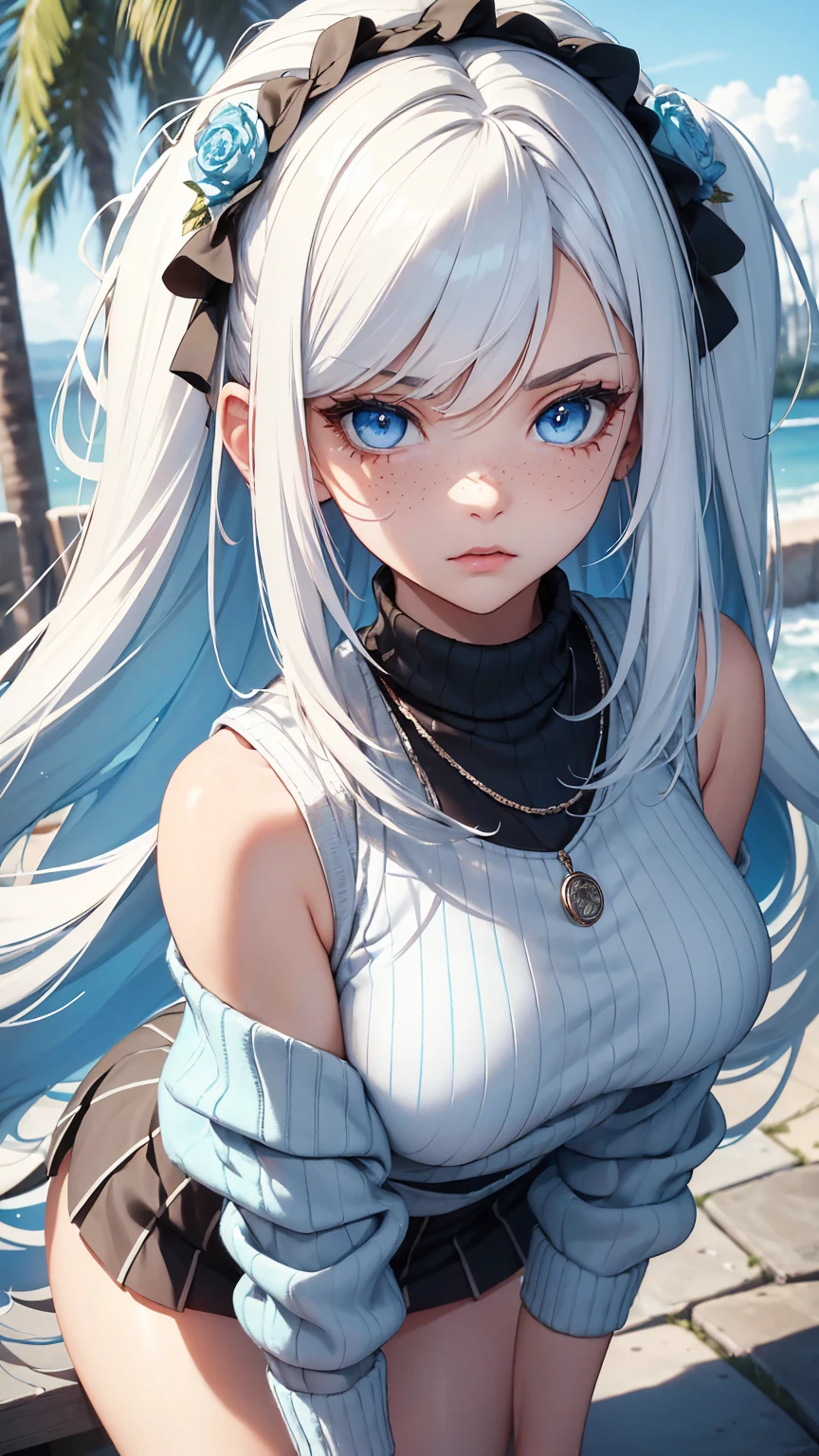 ((best quality)), ((masterpiece)), (detailed), Ridiculous resolution, ultra high resolution, hyper resolution, (masterpiece:1.4), Hyper-detailing, a woman. She is 17 years old. White hair. She has bangs in her hair. red lips. she is blushing. she has freckles. (Ultra detailed light blue eyes:1.4)). she is stamding.. She is wearing a sleeveless wool v-neck sweatshirt. She is wearing a wool ribbed mini skirt. necklace. she is angry.