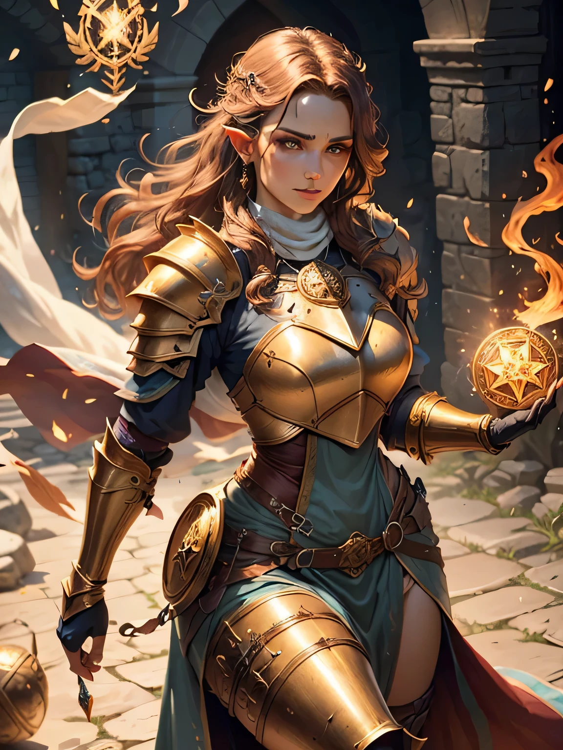 a human woman, cleric of life, in the world of dungeons and dragons, golden spells, divine aura, armor, religious symbol, warrior, confidence pose