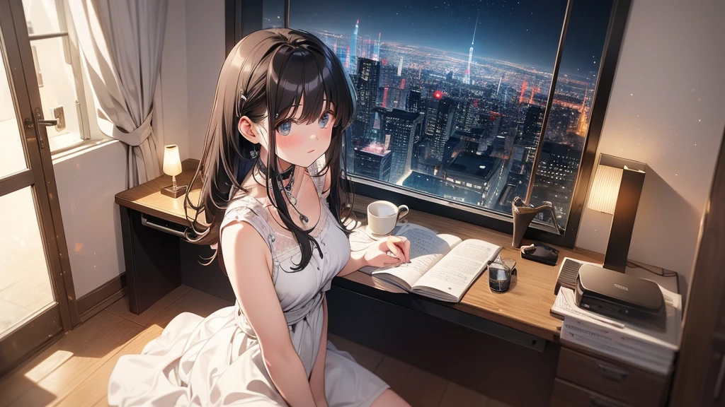 Ultra-high resolution, 8k, (Masterpiece, mysterious:1.3), Works by Makoto Xin Haicheng, Lo-fi feel, Perfect human body engineering, 1 female, mysteriousな瞳, Her charm point is her beautiful eyes, Idol, White ruffled dress, Shiny long black hair, Larger than average bust, Listening to music through headphones, Looking out the window, A room with musical instruments, city view from the window, Impressive cityscape, Bright Sky, meteor, Wide angle, Before dusk, Break time during composition, Coffee in a mug