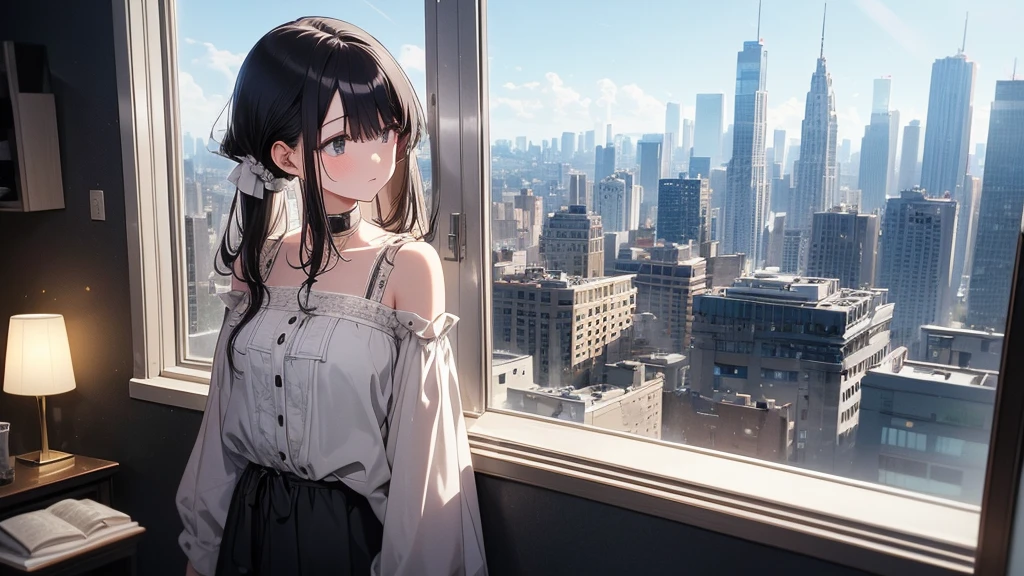Ultra-high resolution, 8k, (Masterpiece, mysterious:1.3), Works by Makoto Xin Haicheng, Lo-fi feel, Perfect human body engineering, 1 female, mysteriousな瞳, Her charm point is her beautiful eyes, Idol, White ruffled dress, Shiny long black hair, Larger than average bust, Listening to music through headphones, Looking out the window, A room with musical instruments, city view from the window, Impressive cityscape, Bright Sky, meteor, Wide angle, Before dusk, Break time during composition, Coffee in a mug