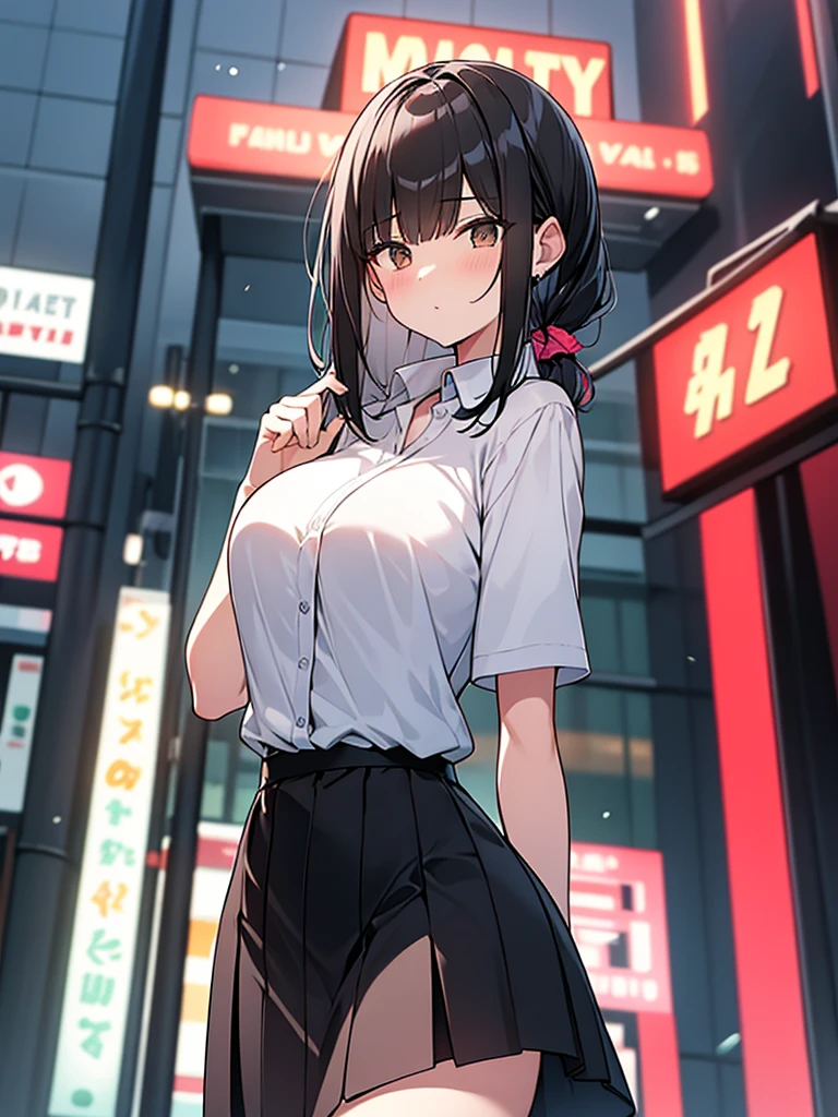 Bottom view composition, large breasts, confused, confused, tall woman:1.9 Cowboy shot Night hotel district In front of a love hotel Neon sign Standing White collared shirt with short sleeves Black long skirt Black short hair Ponytail:2.4 Straight hair Hair tie Sweep bangs to the side:1.9. Slanted eyes, brown eyes, tall, strong-willed, beautiful