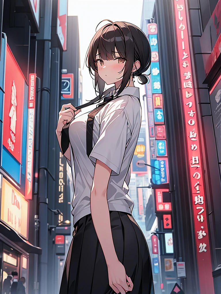 Bottom view composition, large breasts, confused, confused, tall woman:1.9 Cowboy shot Night hotel district In front of a love hotel Neon sign Standing White collared shirt with short sleeves Black long skirt Black short hair Ponytail:2.4 Straight hair Hair tie Sweep bangs to the side:1.9. Slanted eyes, brown eyes, tall, strong-willed, beautiful