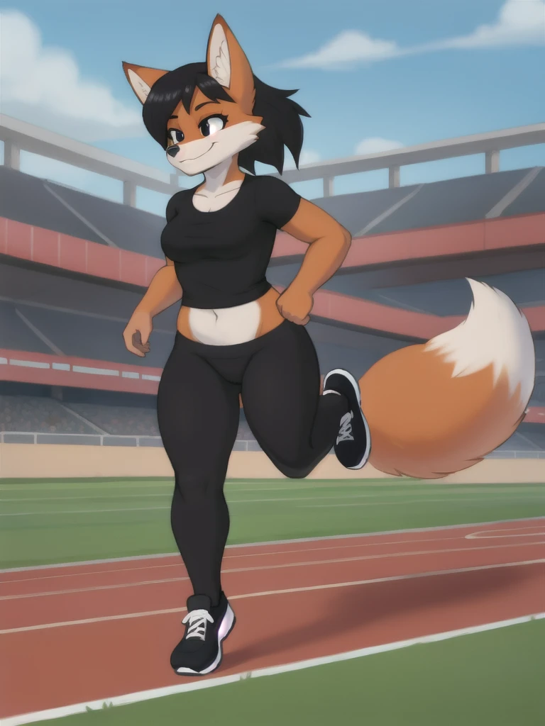 Furry, fox, female, black shirt, black leggings, shoes, running track, solo, full body