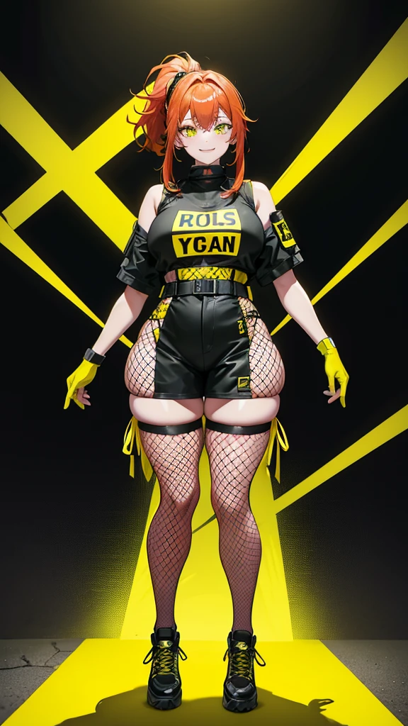 girl, yellow and red hair, two high ponytails, hip hop clothing, swat vest, mask with smile drawing, street gang style, fishnet stockings, street gangster pose, thick thighs, dark lighting, fluorescent yellow, fluorescent green, night disco background, laser lights, high definition, full body focus.