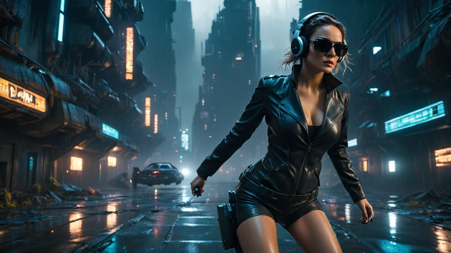 (aerial view, a flying car is speeding through a very dark abandoned futuristic city), rainy night. (((1girl, solo, alone))), large-breast:1.2 slim body, cleavage:1.1, sexy mechanic suit, (((headphone, black sunglasses, standing and holding pistol dynamic pose))), (((((half-body thigh level medium shot))))), cinematic lighting, lens flare, ray tracing.