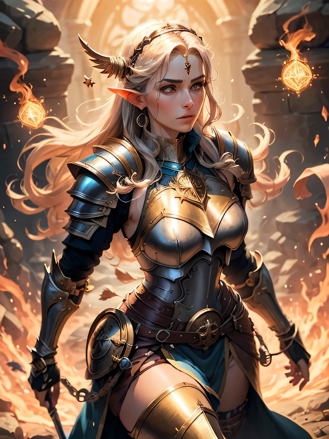 a human woman, cleric of life, in the world of dungeons and dragons, golden spells, divine aura, armor, religious symbol, warrior, confidence pose