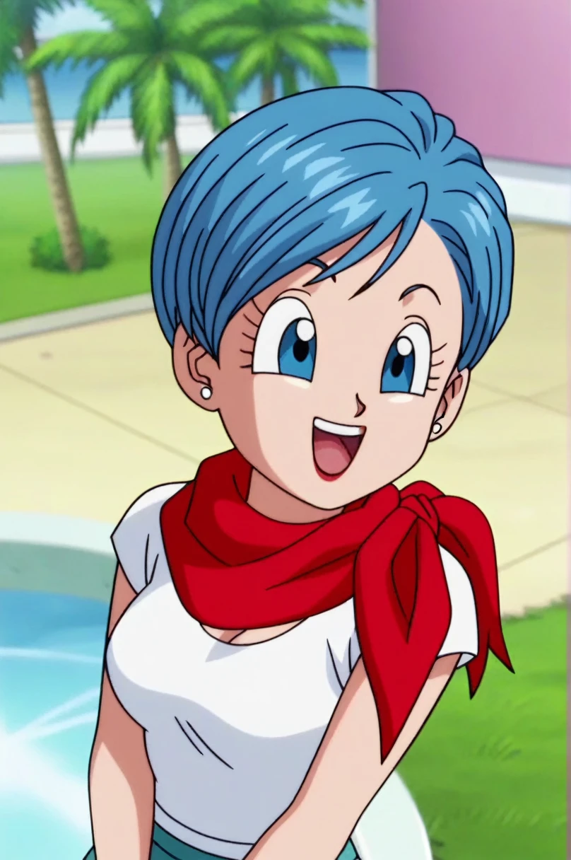fountain_cheered up, score_9, score_8_above, score_7_above, cheered up screencap,8k, absurd resolution,
BULMA, 1 girl, Alone, old, SMILE, short hair, bowl cut, Open mouth, Blue eyes, neckline, jewelry, medium old, blue fur, White shirt, aboveper body, :d, earrings, outdoor, sky, day, cloud, blurred, tree, blue sky, red scarf, palm tree, Official style, cheered up coloring, portrait, medium breasts, tits, medium ass, sexy, Wide hips