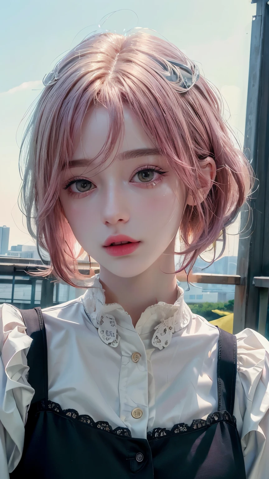 (8k, Highest quality, masterpiece: 1.4), Very detailed, Highest quality, Ultra-high resolution, Written boundary depth,(Realistic:1.4,RAW shooting,)Ultra-Realistic Capture,(Very detailed,High definition 16K), cute, girl, short hair, Pink Hair, refresh, clear