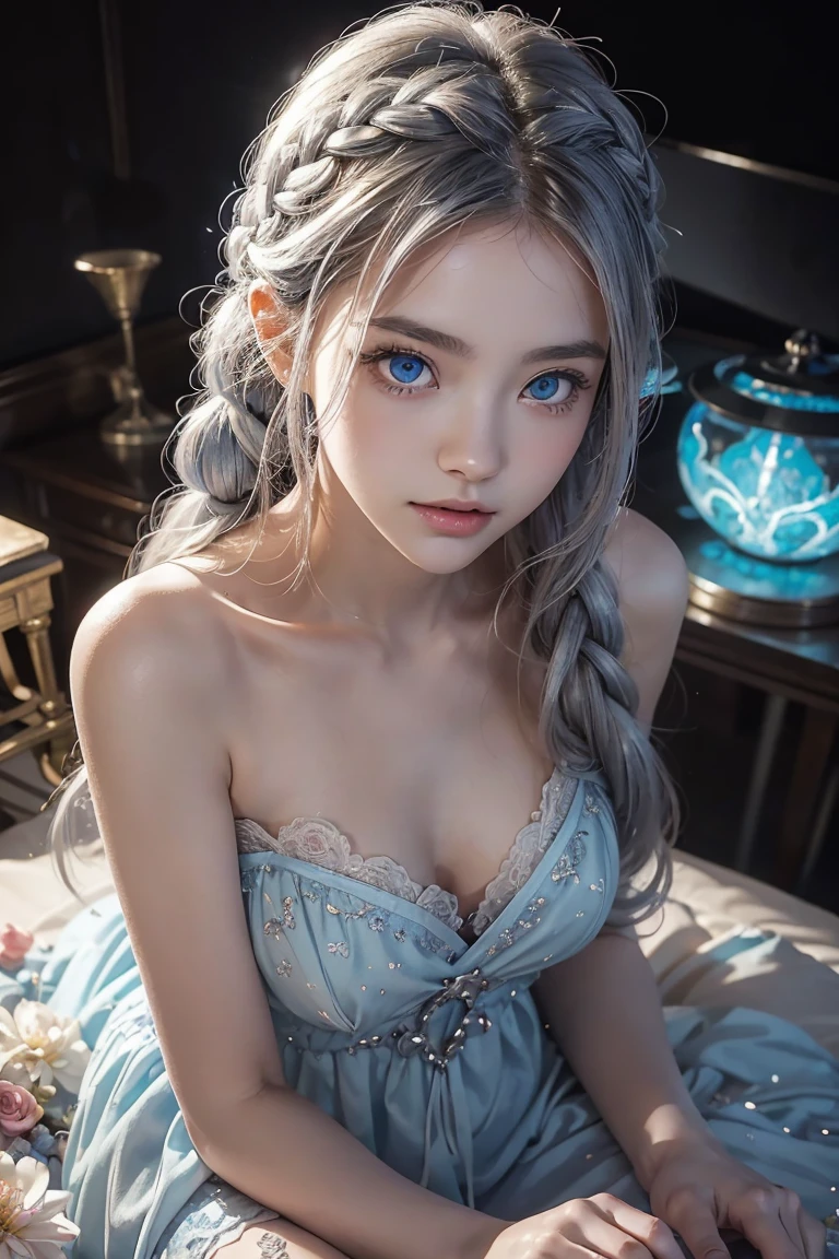 (Above),Dynamic Angle,Very detailed, shape, Direct, 1 girl, (fantasy:1.4), (Light blue eyes:1.233),Her eyes shone like Like a dream stars,(Glowing eyes:1.233),(Beautiful and delicate eyes:1.1),(Silver Hair:1.14),(Messy hair,Very long hair,French Braid,Hair between the eyes,Side lock), (+(flower:1.14)),(Chiffon Dress,青いflower柄)/=(:1.24),(Don&#39;t use sleeves,Wide sleeves),(Gloves),necklace,(Micony High Socks),high-heel boots,(Awkward),(stubborn), (Located in an old white palace、Princess bedroom with dressing table and floor-to-ceiling windows),(白いflower,bloom),(Dark blue world tree:1.14),(What&#39;remain),(night:1.2),Like a dream,soul,(Fluorescence), [[Slender fingers and hands:0.55]::0.85],(Finger details),(Soup Dumplings:0.5)、Berets、Miss、18 years old、Large Breasts, best quality, Very detailed, Beautiful Lights, beautiful scenery, Mild hot flashes, Smile, ((masterpiece)), (Japanese cartoons:1.5), ((best quality)), (RAW photos: 1.2), (Professional photography:1.2), whole body, 8K, from the side, Wide-angle lens,