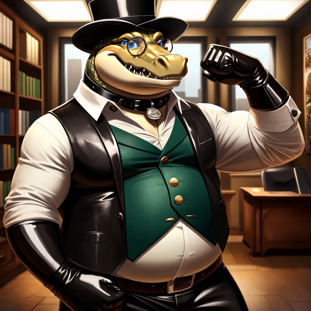 Solo, Male, fat, extremely obese, gentleman, dapper Professor Crocodile, blue eyes, (posing:1.3), (soft shading), 4k, hi res, ((detailed face, detailed)), looking at viewer, mouth wide open, steampunk, dapper clothing, collared shirt with buttons, top hat, male focus, Explorer Outfit, glasses, monocle, vest with buttons, sleeves rolled up, round eyewear, brown headwear, brown vest, office, Crocodile is wearing a glossy leather dog collar around the neck, Crocodile is wearing the leather collar and shirt and vest at the same time, Crocodile is wearing glossy white rubber gloves on the hands, wearing white rubber gloves on the feet, gloves are rubber in texture, clenching teeth, clenching fists, leather collar is glossy and shiny with a lot of detail, Crocodile is wearing gloves and leather collar at the same time, leather collar has a round dog-tag, leather collar is thick and detailed, leather collar is glossy and shiny, fancy clothing, dapper vest, dapper shirt, leather collar is thick, glossy leather collar.