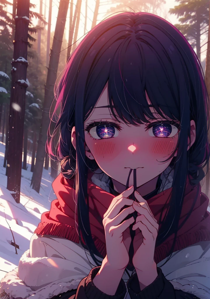 aihoshino, Ai Hoshino, Long Hair, bangs, (Purple eyes:1.1), Purple Hair, (Symbol-shaped pupil:1.5), smile,,smile,blush,white breath,
Open your mouth,snow,Ground bonfire, Outdoor, boots, snowing, From the side, wood, suitcase, Cape, Blurred, , forest, White handbag, nature, Squat, Mouth closed, Cape, winter, Written boundary depth, Black shoes, red Cape break looking at viewer, Upper Body, whole body, break Outdoor, forest, nature, break (masterpiece:1.2), Highest quality, High resolution, unity 8k wallpaper, (shape:0.8), (Beautiful and beautiful eyes:1.6), Highly detailed face, Perfect lighting, Extremely detailed CG, (Perfect hands, Perfect Anatomy),
