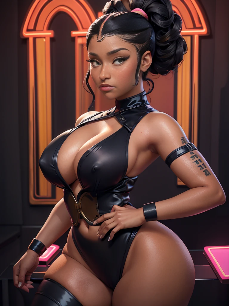 Imagine uma personagem feminina, corpo espetacular, mulher negra, Pele marrom escuro, Asian type pulled eyes, Her hair is curly brown, hair tied back like a ponytail, o rosto dela parece com o rosto da cantora Nicki Minaj, pele negra, ela veste roupas sensuais steampunk, busto e barriga as mostras, She's in a battle pose, Composition of art for book cover, In the background technological scenery with neon lights