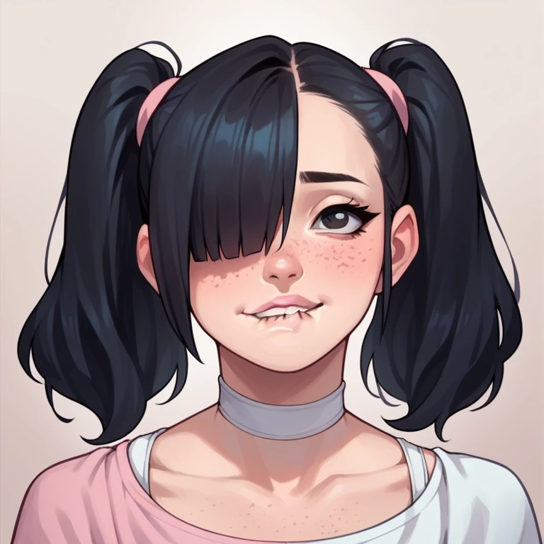 score_9,score_8_up,score_7_up,score_6_up,score_5_up,score_4_up,
1girl, pretty girl, black hair, in twintails, hair over 1 eye, cute nose. biting lip, seductive, white choker, pink lips, freckles,