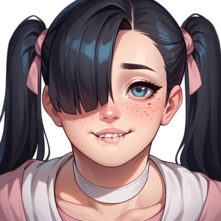 score_9,score_8_up,score_7_up,score_6_up,score_5_up,score_4_up,
1girl, pretty girl, black hair, in twintails, hair over 1 eye, cute nose. biting lip, seductive, white choker, pink lips, freckles,