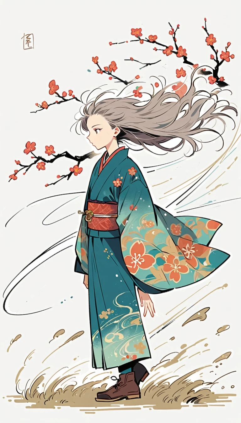 white background, Fujichoco style, kimono, (((the coolest man))),  gray hair, ((plum tree, Plum blossoms, wind)), simple background, Simple line initialism, full body, 