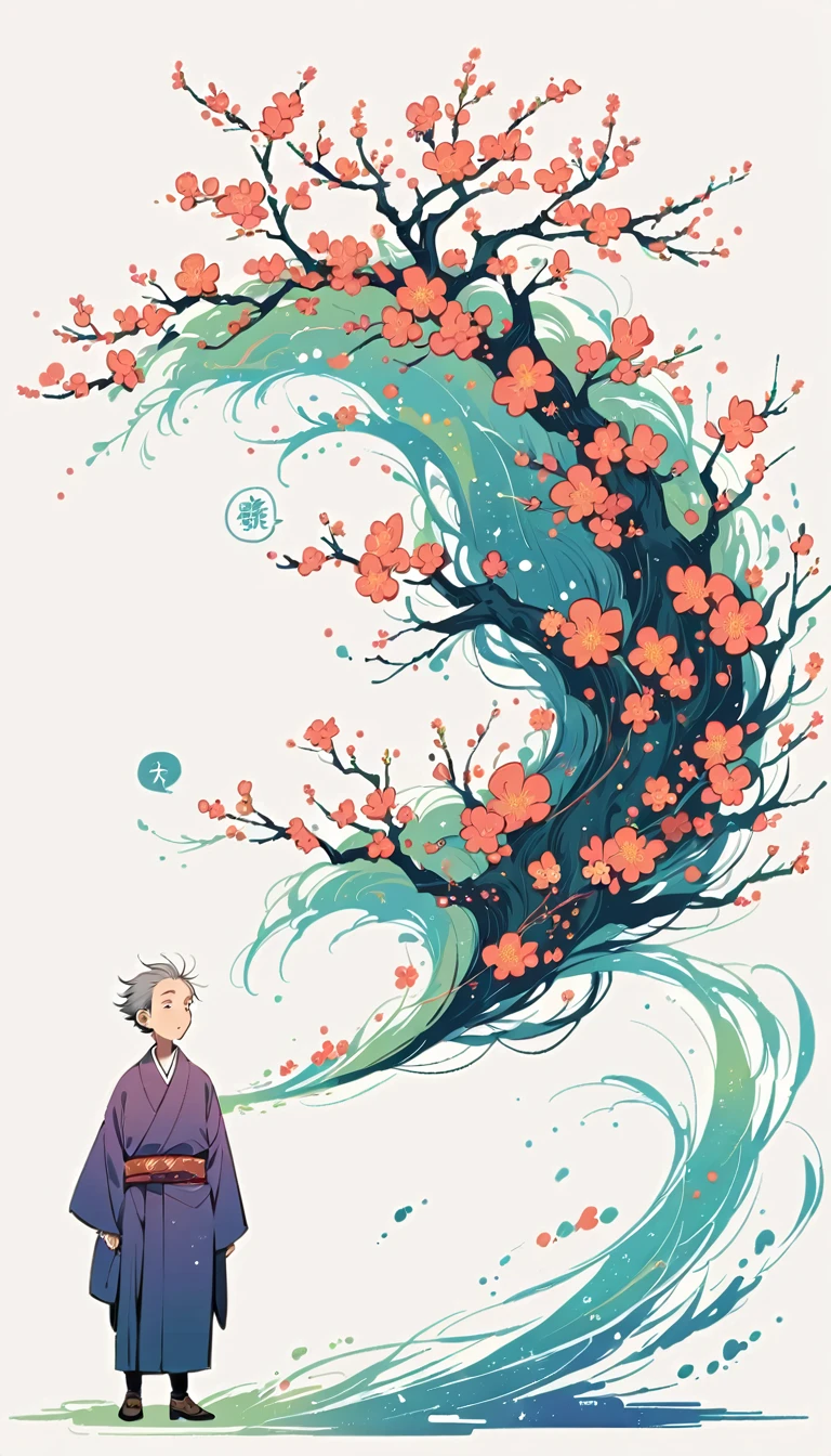 white background, Fujichoco style, kimono, (((the coolest man))),  gray hair, ((plum tree, Plum blossoms, wind)), simple background, Simple line initialism, full body, 