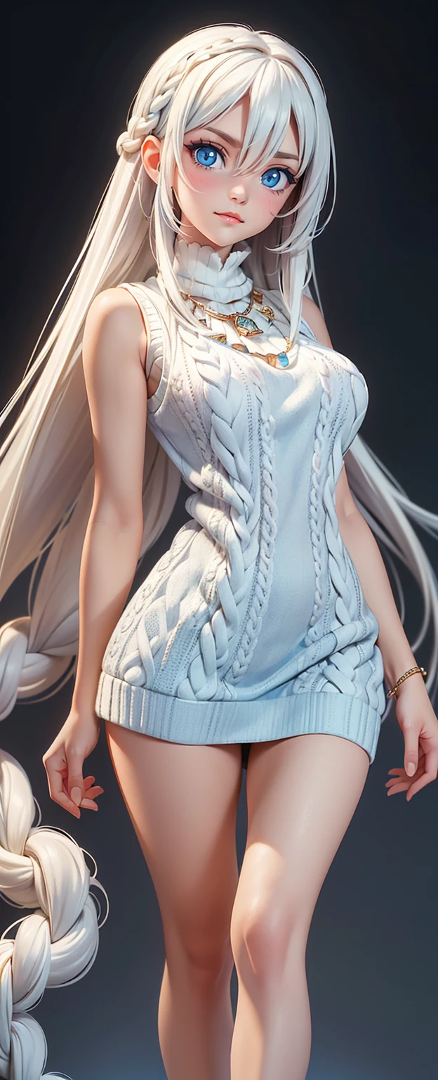 ((best quality)), ((masterpiece)), ((best quality)), ((masterpiece)), ((detailed)), Ridiculous resolution, high resolution, (masterpiece:1.4), Hyper-detailing, a young european woman. Necklace. ((Sleeveless wool sweater)). Blank background. Standing. ((White hair)). She has bangs in her hair. ((Long hair)). Standing. ((Light blue eyes)).