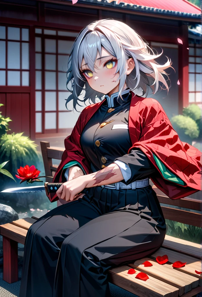 Ultra detailed, high resolution, absurd, HDR, masterpiece, anime girl, beautiful woman, long white hair with red streaks, expressive yellow eyes, red haori, black demon slayer uniform, wearing black pants,Kimetsu No Yaiba, fantasy , petals, red flowers, beautiful, woman sitting alone on a wooden bench, alone, afternoon, sun, forest next to a Japanese house, best quality, extremely detailed face and eyes, expressionless, apathetic, dark circles under the eyes, cutting the upper part of the forearm with a knife, painlessly, blood only on the forearm, deep cut on the forearm, clothing sleeves extended showing scars on tbe forearm