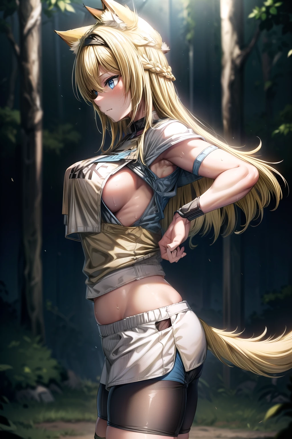 Horn arknights, wolf tail, wolf ears, (blonde hair:1.7), (blue eyes:1.5), long hair, (thick:1.2), side , medium breasts, nipple slip,
BREAK ((bike shorts:1.4)), ((sports top:1.5)),
BREAK looking at viewer, (side shot), (perfil view), (hands on hair), sweaty body, wet, mature female, smirk,
BREAK (masterpiece:1.2), best quality, high resolution, unity 8k wallpaper, (illustration:0.8), (beautiful detailed eyes:1.6), extremely detailed face, perfect lighting, extremely detailed CG, (perfect anatomy),