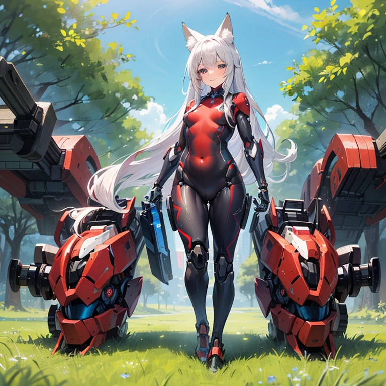 (Fox Girl, Fox Ears, Silver Hair, Fox Makeup, One Woman, Long Hair:1.6), (mecha musume, Machinery Parts,Robot Joints, Red clothes, Full Body Suit:1.8), (Body measurements are 75-60-75!, Young girl body, Small breasts, Proudly, Standing posture, Plump, muscle:1.9), Avatar, face, lewd face, Dominant representation, naughty face, Uplifting, Skin Texture, outside, Grassy field