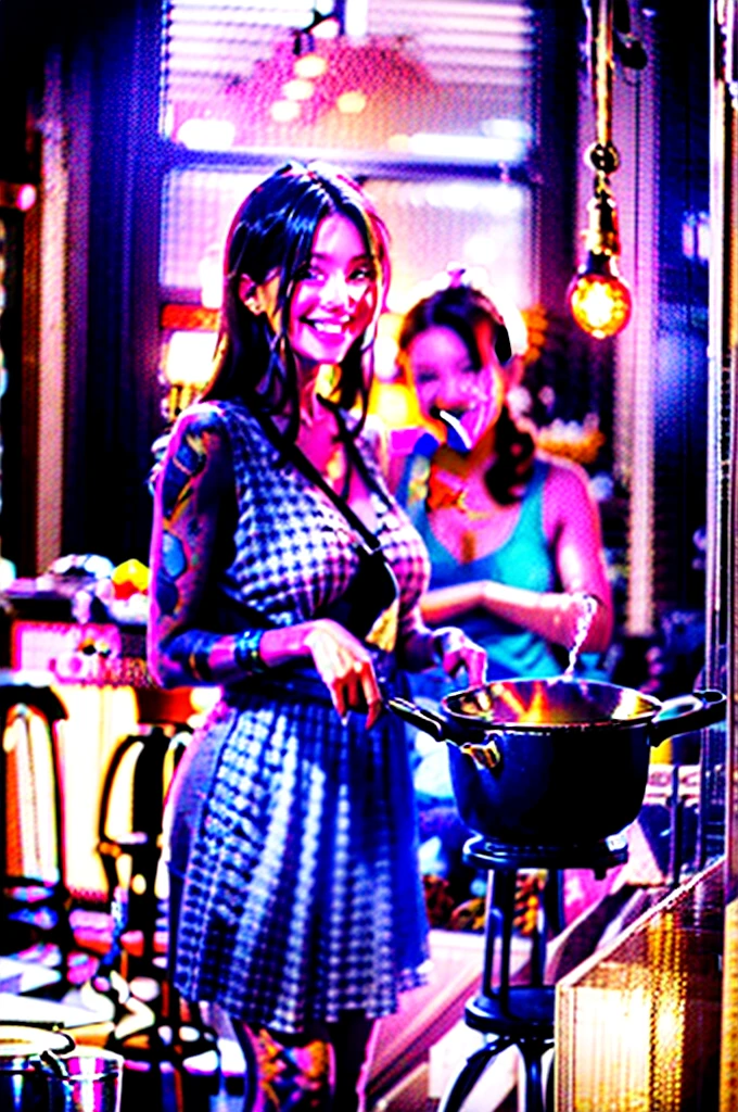 boy standing on stool in kitchen, stirring pot next to smiling woman, highly detailed, photorealistic, cinematic lighting, warm color tones, 8k, award winning 16:9