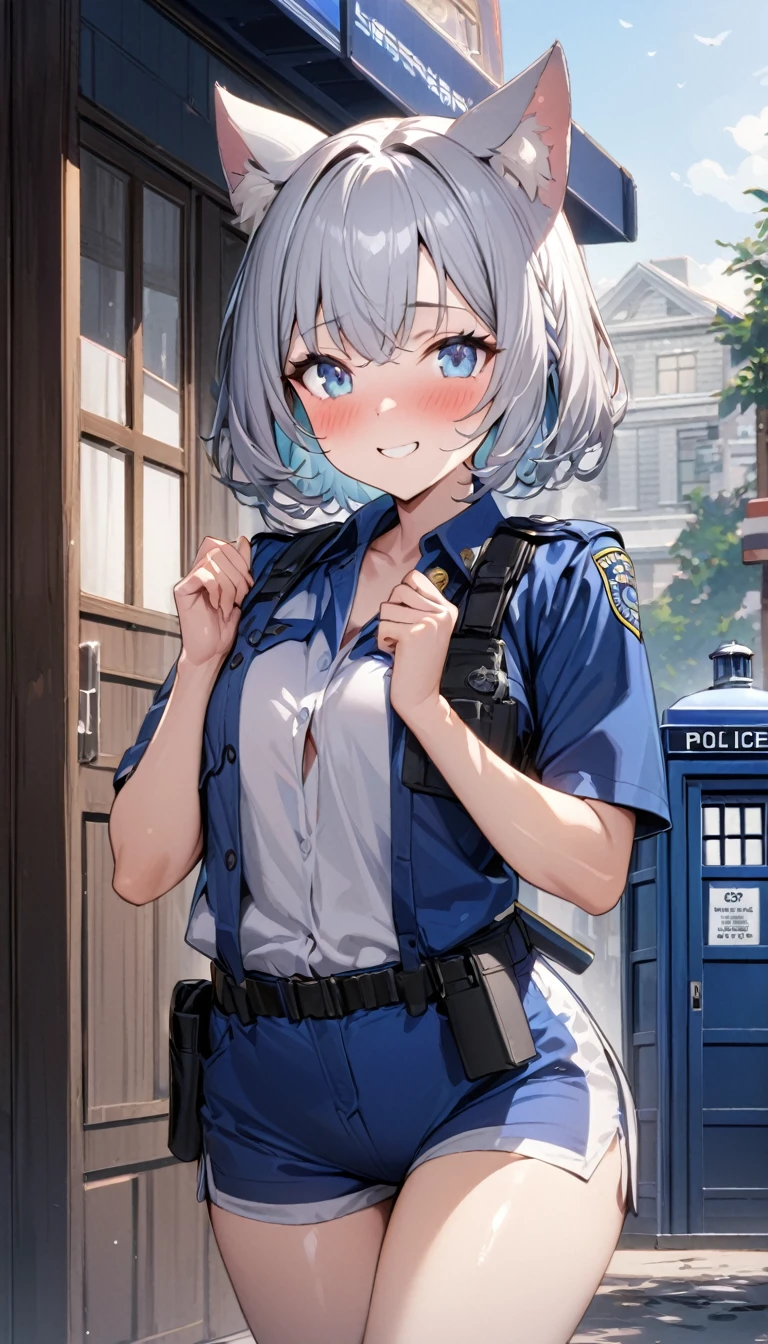 1girl、(((best quality)), ((masterpiece)), (details), masterpiece, best quality, high quality, ulutra detailed, perfect face, ((1girl, Blue eyes, cat ears: 1.3 silver bob hair: 2.5,)) 、Shiny Hair、Glowing Skin、blush、Lustful look、whole body、Police Officer Costume、Police officer shorts、Shoulder Holster、Black stiletto heels、Embarrassed smile、Raise the Japanese sword with both hands、police box、Police Station Background、whole body