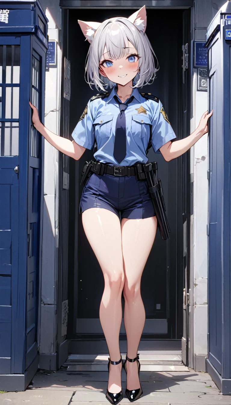 1girl、(((best quality)), ((masterpiece)), (details), masterpiece, best quality, high quality, ulutra detailed, perfect face, ((1girl, Blue eyes, cat ears: 1.3 silver bob hair: 2.5,)) 、Shiny Hair、Glowing Skin、blush、Lustful look、whole body、Police Officer Costume、Police officer shorts、Shoulder Holster、Black stiletto heels、Embarrassed smile、Raise the Japanese sword with both hands、police box、Police Station Background、whole body