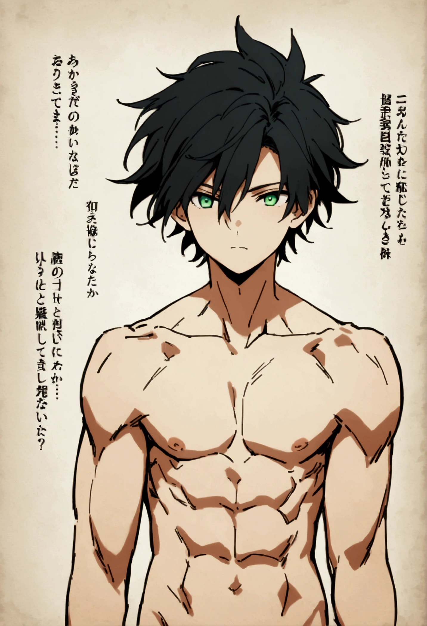 Caracter sheet, he is a 17 year old ager, He has slightly disheveled very black hair..., somewhat light green eyes, muscular body , he is shirtless , Front view of the body