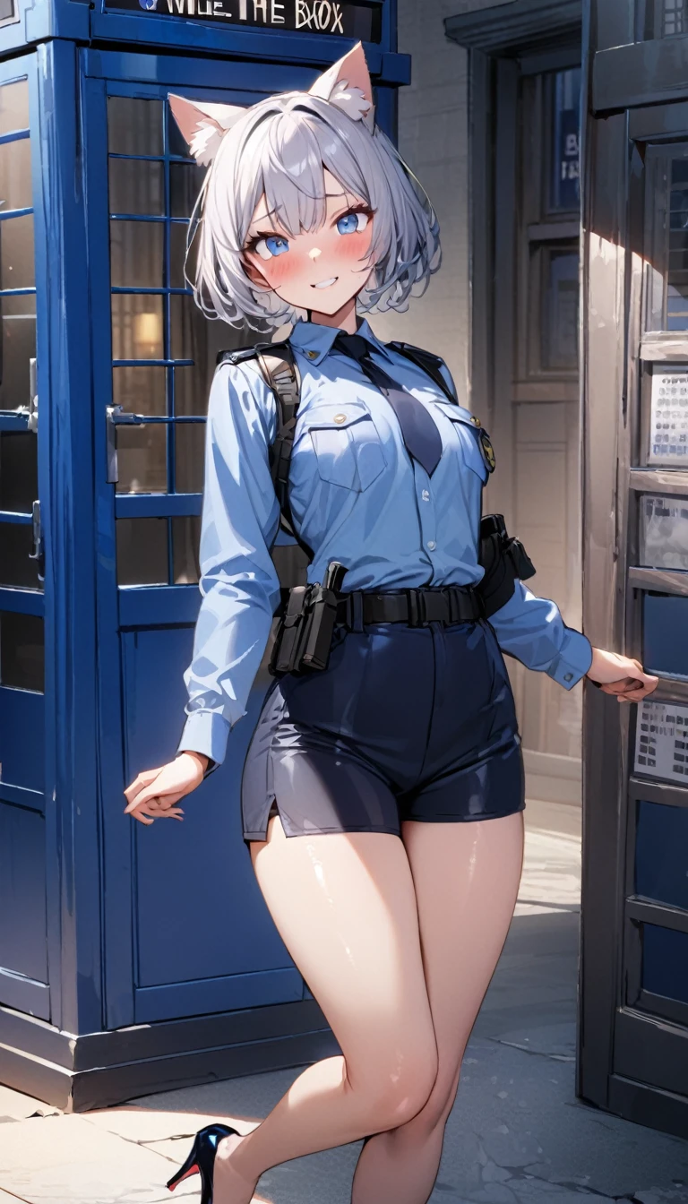 1girl、(((best quality)), ((masterpiece)), (details), masterpiece, best quality, high quality, ulutra detailed, perfect face, ((1girl, Blue eyes, cat ears: 1.3 silver bob hair: 2.5,)) 、Shiny Hair、Glowing Skin、blush、Lustful look、whole body、Police Officer Costume、Police officer shorts、Shoulder Holster、Black stiletto heels、Embarrassed smile、Raise the Japanese sword with both hands、police box、Police Station Background、whole body