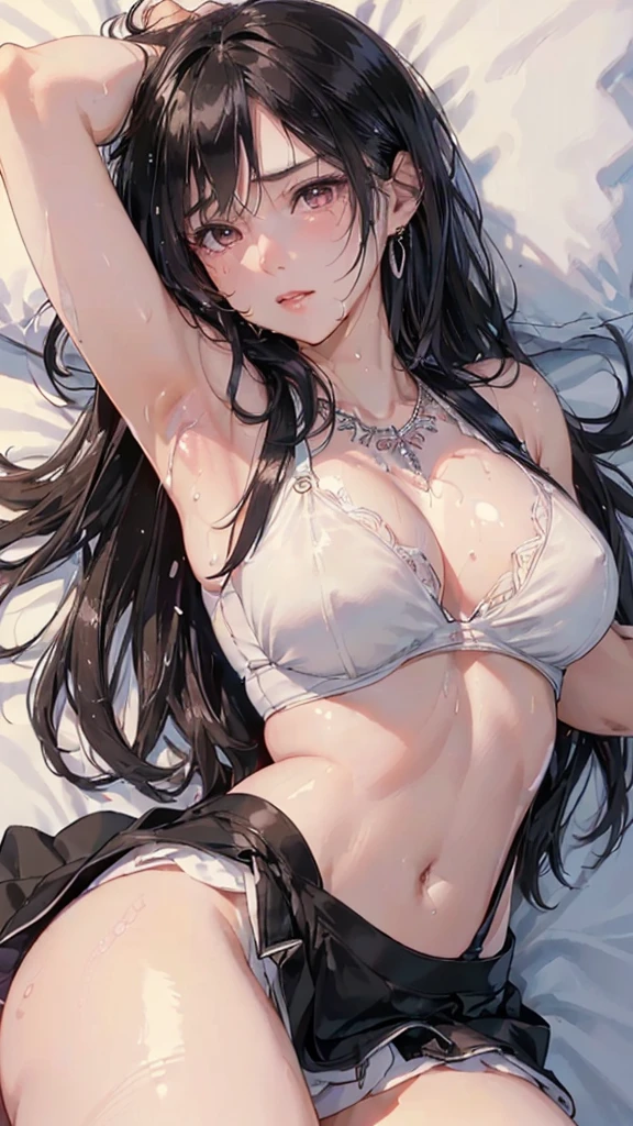 (masterpiece: 1.3), (Maximum resolution: 1.2), (Ultra HD TV: 1.2), Cinematic Light, 8k resolution, Detailed facial features , (Sharp focus: 1.2), (Focus on the face:1.2),Perfect Style, Beautiful Face, Acura, Anatomically correct, Two Arms、Tifa Lockhart, Highly detailed face and skin texture, Delicate and beautiful eyes, Glitter Eyeliner: 1 Natural Cheeks, Glowing Skin, Fair skin: 1.2, (Glossy Lips: 1.4),、 (Embarrassed look: 1.2),Highly detailed face and skin texture, The hair is very detailed.、Natural Cheeks, , Glossy Lips: 1.4,Perfect Style、Delicate depiction of hair、The whole body gets wet、Wet underwear、Cleavage、Soft Breasts、(Sperm in breasts:1.4)(Sperm on thighs:1.4)、 blush、Glaring expression、A humiliating look、Anxious expression、A look of humiliation、Embarrassed look、anger、sorrow、tears、Open your knees、Spread your legs、White bra、Sparkly little earrings and necklace、Disheveled clothes、White panties、sweating、Black Stockings、 (1 girl), Red eyes, Black Hair, Long Hair, Professional Lighting, (Glowing Skin: 1.2), Shiny big, ((Highest quality)), Sharp focus: 1.2, Highly detailed face and skin texture, Detailed eyes, Perfect Face, Perfect body, Blur Art, CG, Big Background , in front (22 years old, 成熟したクールでBeautiful Face), wear (Black skirt with suspenders), black elbow gloves, White tight shirt, thigh, White tank top),On the bed、(On my back, ベッドにLying down, ベッドにLying downいる, Lying down, White sheets:1.5)、Tentacles and slime、Covered in mucus、