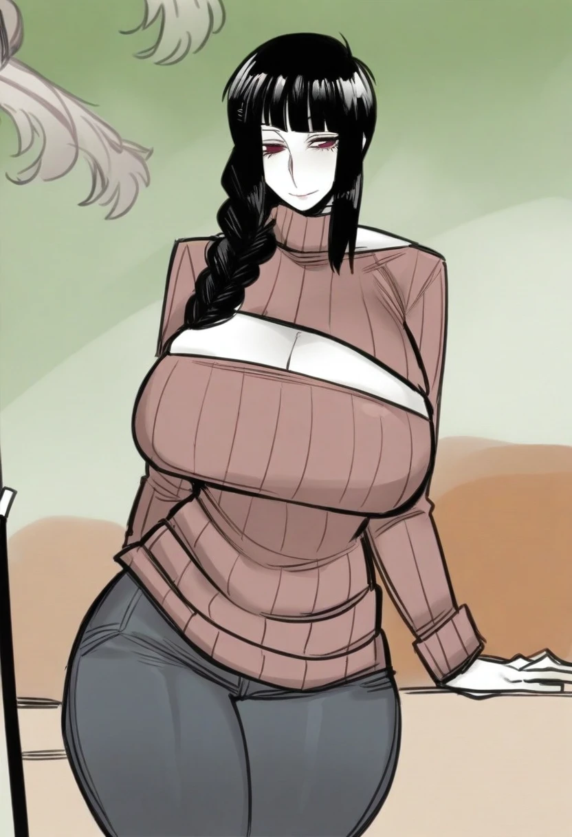 score_9, score_8_up, score_7_up, 1girl, black hair, pink eyes, long hair, braided ponytail, (bangs, sidelocks), pale skin, large breasts, wide hips, open-chest sweater, ribbed sweater, jeans, smile, indoors, unaestheticXL_bp5, aidxlv05_neg, (SuperQuality:1.2), (negative_v2 Color_Balance_Calibration:0.8), ratatatat74, mature female

