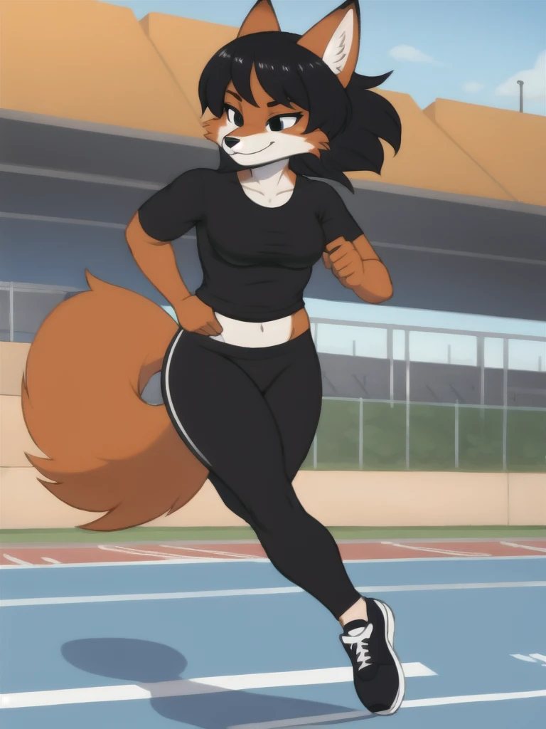Furry, fox, female, black shirt, black leggings, shoes, running track, solo, full body