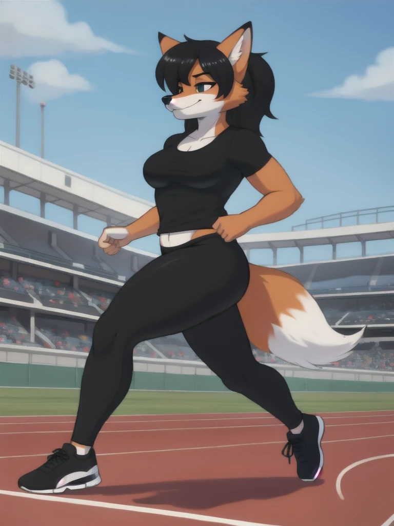Furry, fox, female, black shirt, black leggings, shoes, running track, solo, full body