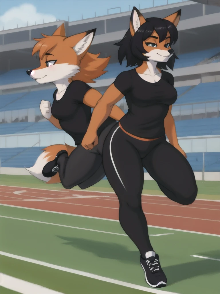 Furry, fox, female, black shirt, black leggings, shoes, running track, solo, full body